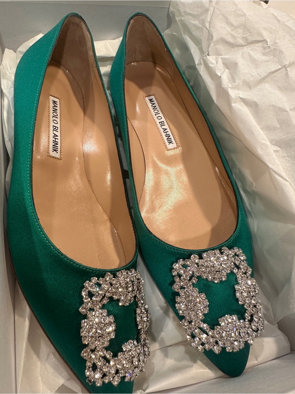 Manolo Blahnik Teal Satin Pointed Flats with Crystal Buckle